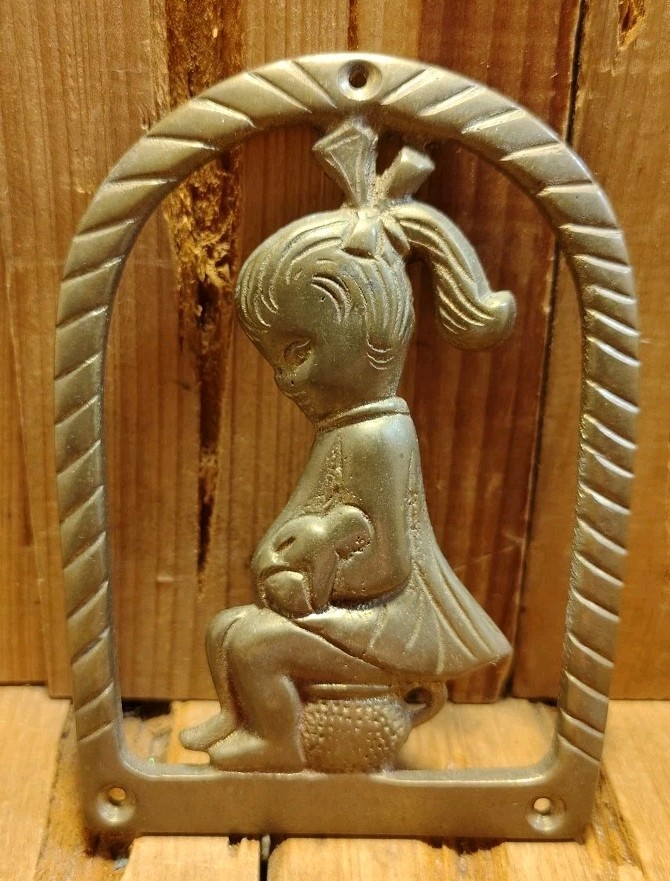 Solid Brass Little Boy & Girl Bathroom Restroom Toilet Chamber Pot Decor Sign