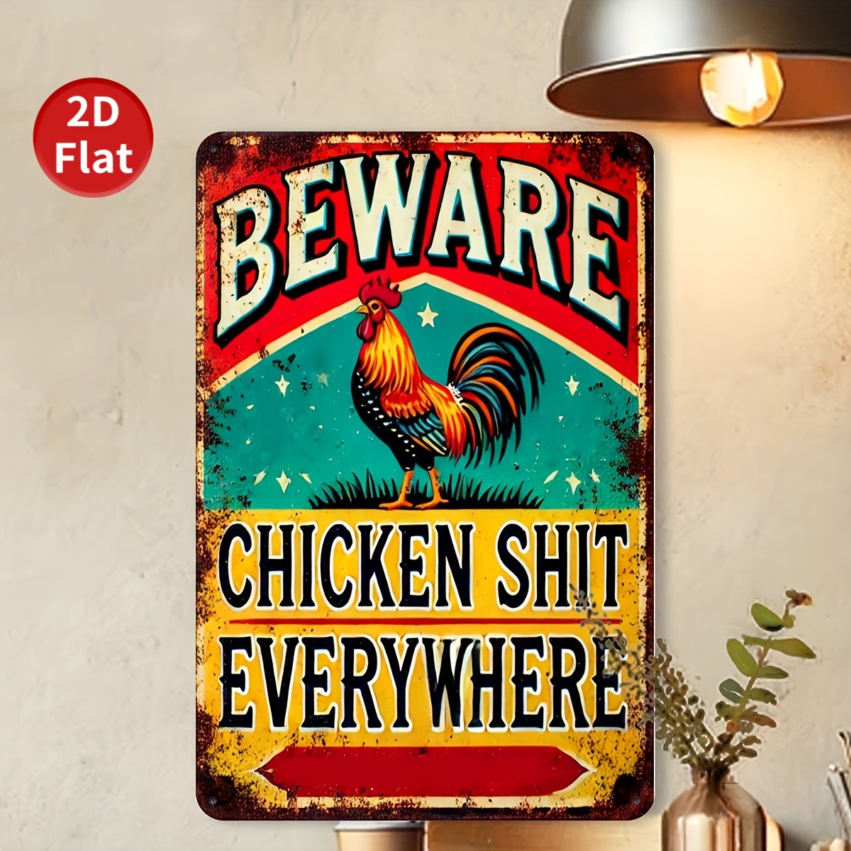 Beware Chicken S*** Everywhere Tin Sign Funny Rooster Metal Farmhouse Wall Decor