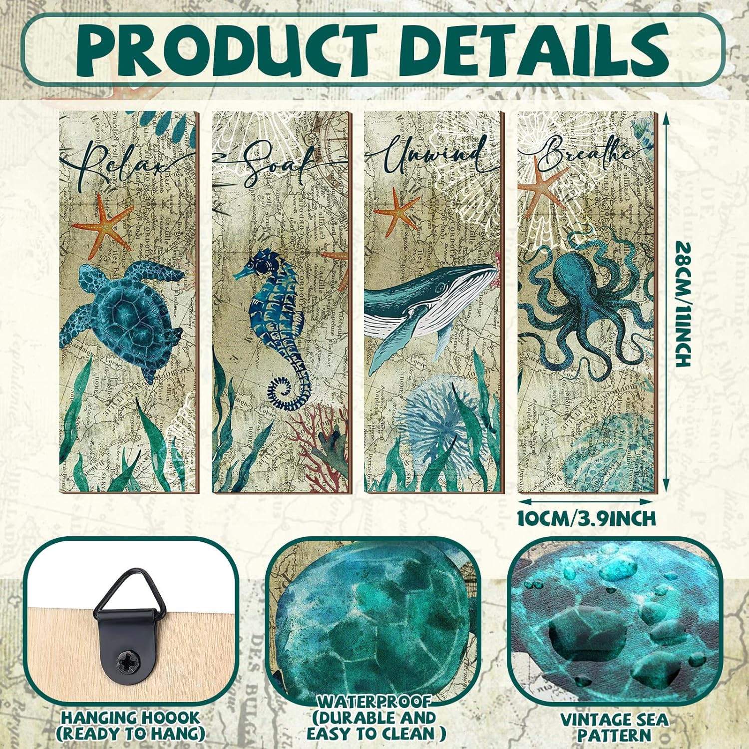 4 Pieces Beach Bathroom Decor Wall Sign Ocean Decor Sea Turtle Wall Art Nautical