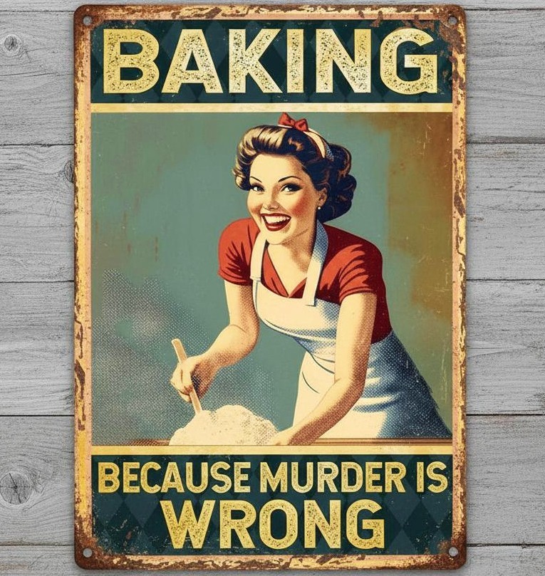Baking Because Murder Is Wrong 8 x 12 Vintage Novelty Metal Sign Made In USA