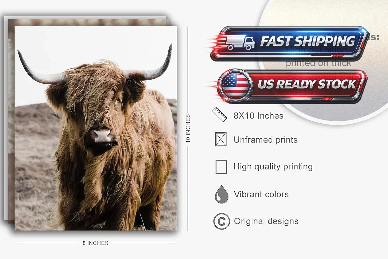 Highland Cow Bathroom Wall Art Prints, Rustic Decor, Unframed, 8X10 Inches, 9 Pc