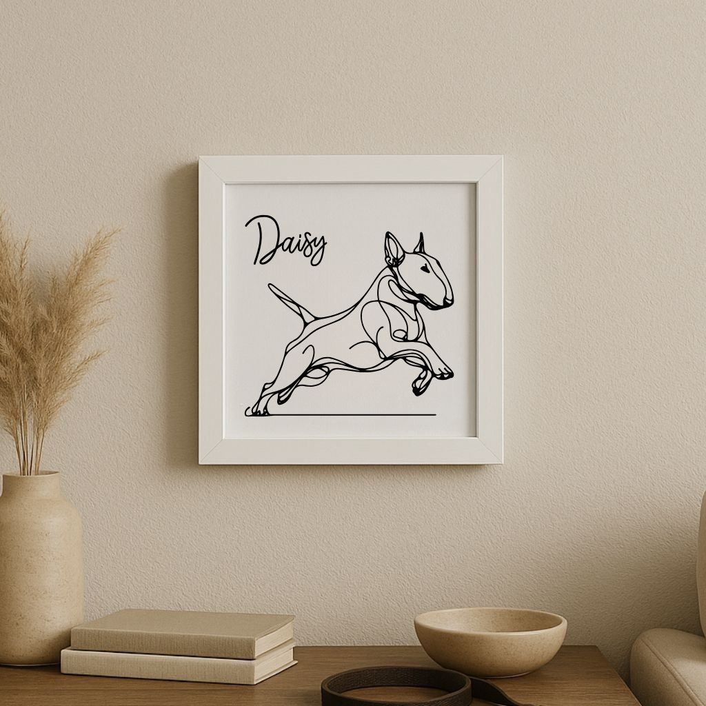 Custom Bull Terrier Dog Portrait on Wood in Frame Personalized Laser Etched Art