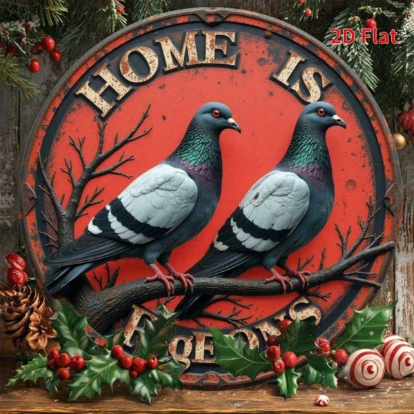 Round Vintage Metal Tin Sign Home Is Pigeons Bird Wall Decor Plaque 8x12in