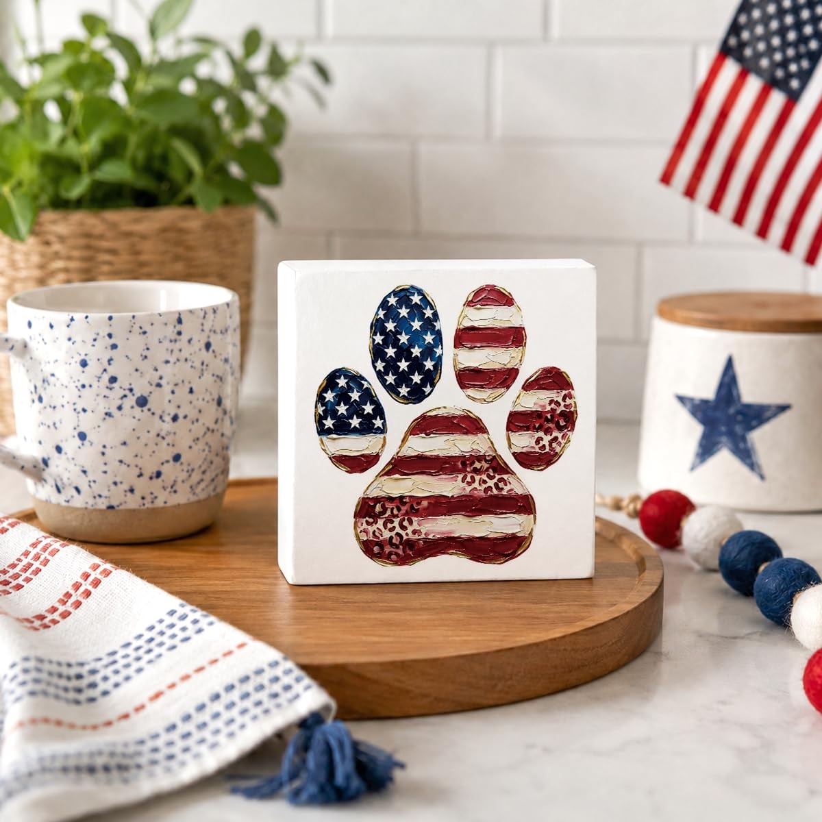Patriotic Paw Print Wood Box Sign, American Flag Pet Lover Decor, Red White B…