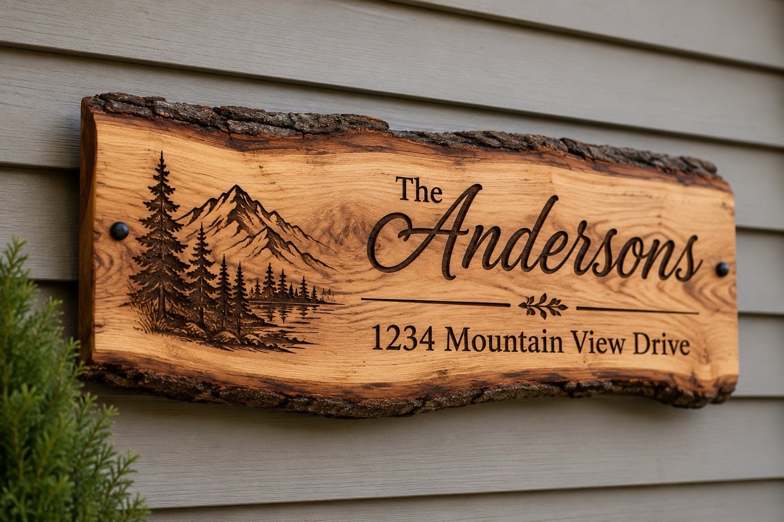 Personalized Engraved Live Edge Wood Family Name Address Sign