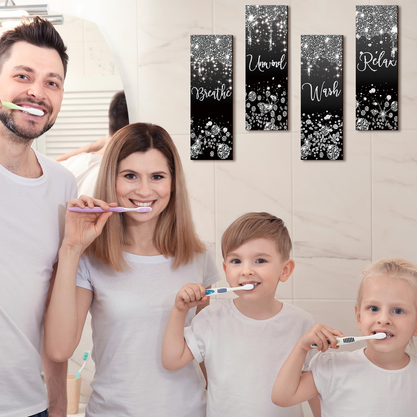 4 Pcs Black and Silver Bathroom Wall Decor Glitter Diamond Wooden Living Room…