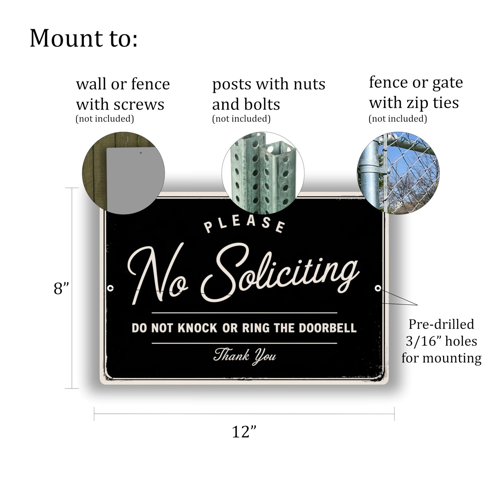 No Soliciting Sign 8×12 Vintage Black White Aluminum Composite