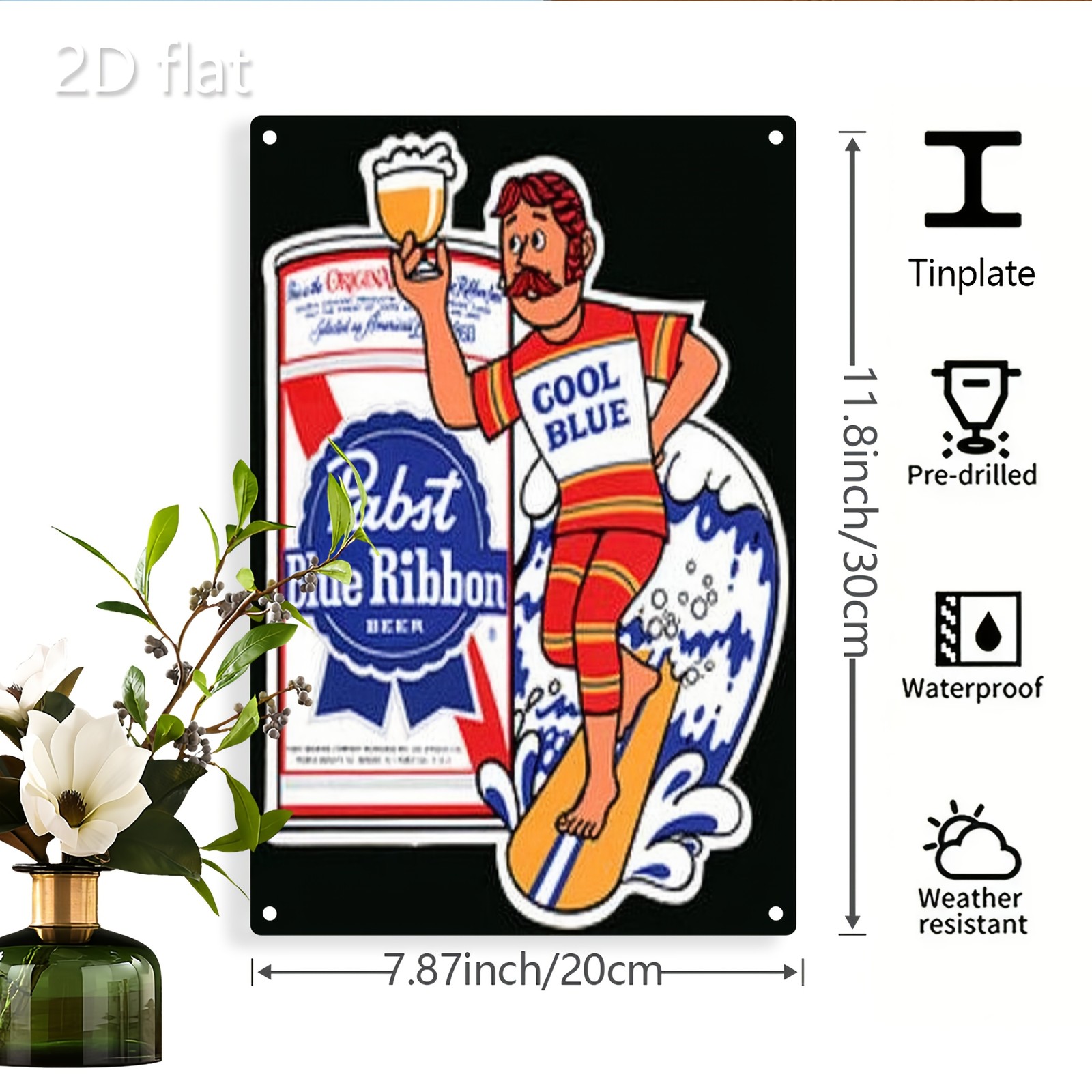 Aluminum Metal Tin Sign Wall Art Retro Surfing Dog Pabst Blue 8×12