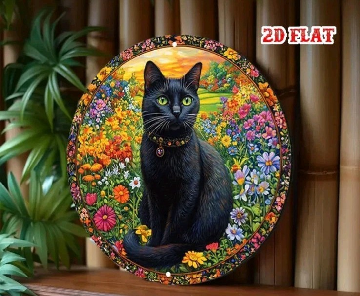 2D Flat Black Cat Garden Round Aluminum Sign Floral Metal Tin Wall Decor 7.87″