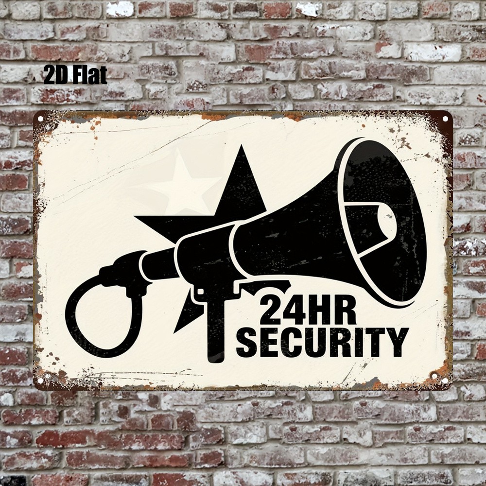 Vintage 24 Hour Security Metal Sign Beige Black Yard Protection Wall Decor Gift