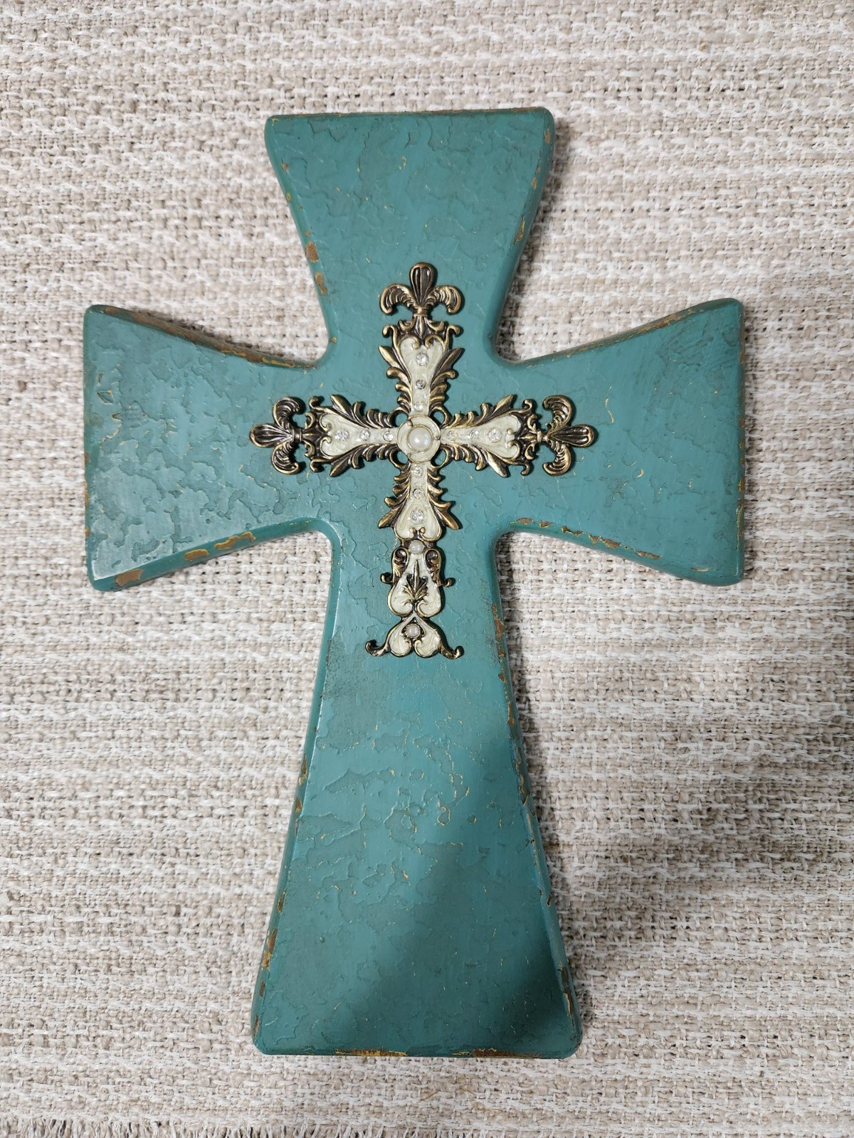 Farmhouse Teal / Turquoise Cross Wall Decor -Rustic Metal & Pearl Center Accent