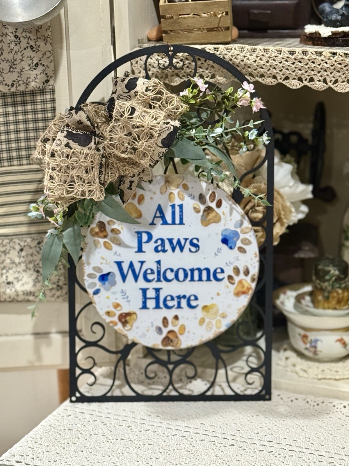 Handcrafted All Paws Welcome Wreath-Wall Decor , 9×16”, Metal Burlap, Light
