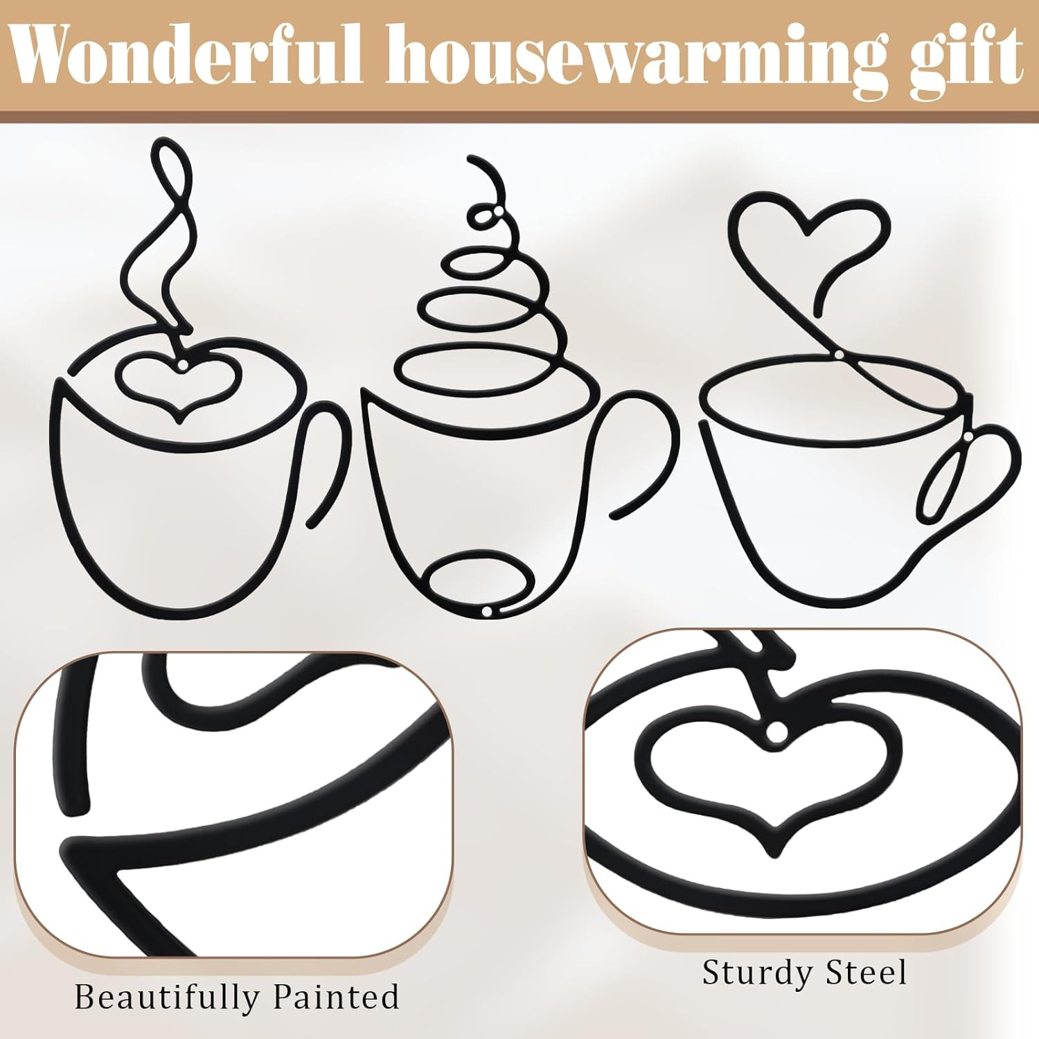 3 Pcs Coffee Cup Metal Wall Art Metal Coffee Sign Wire Hanging Bar Decor Vintage