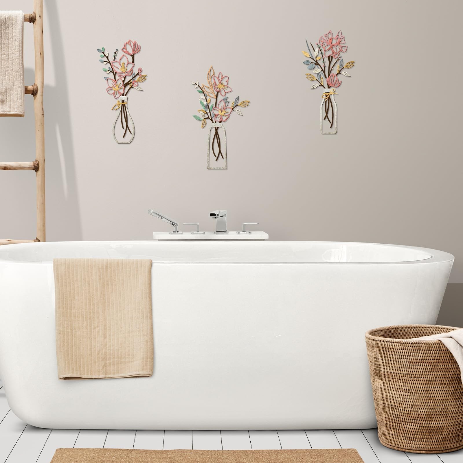 3 Pieces Metal Flowers Wall Arts – Pink and Beige Rustic Farmhouse Decor Mini…