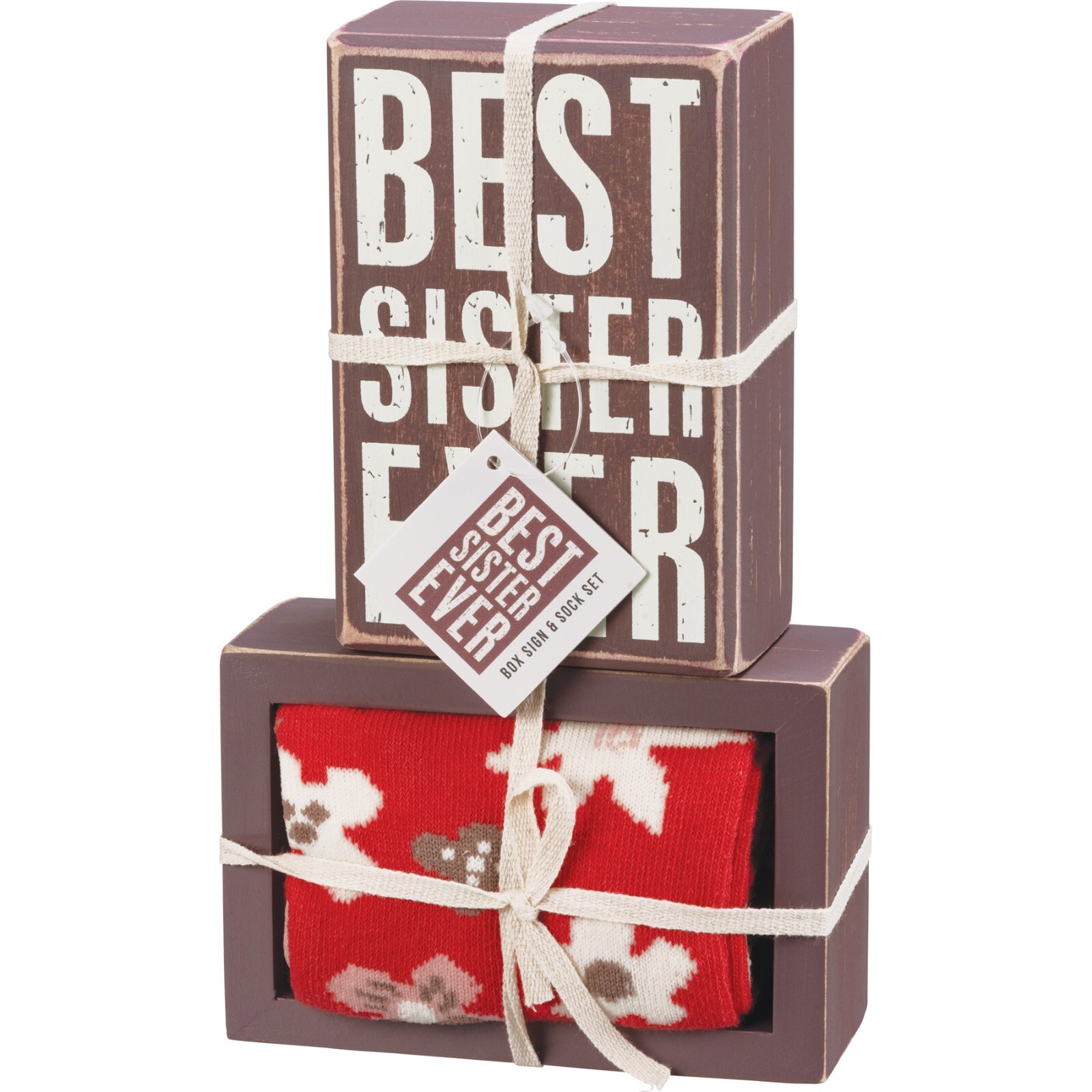 Primitives By Kathy Box Sign & Sock Set BEST SISTER EVER, Sign 3″ x 4.5″ – NEW