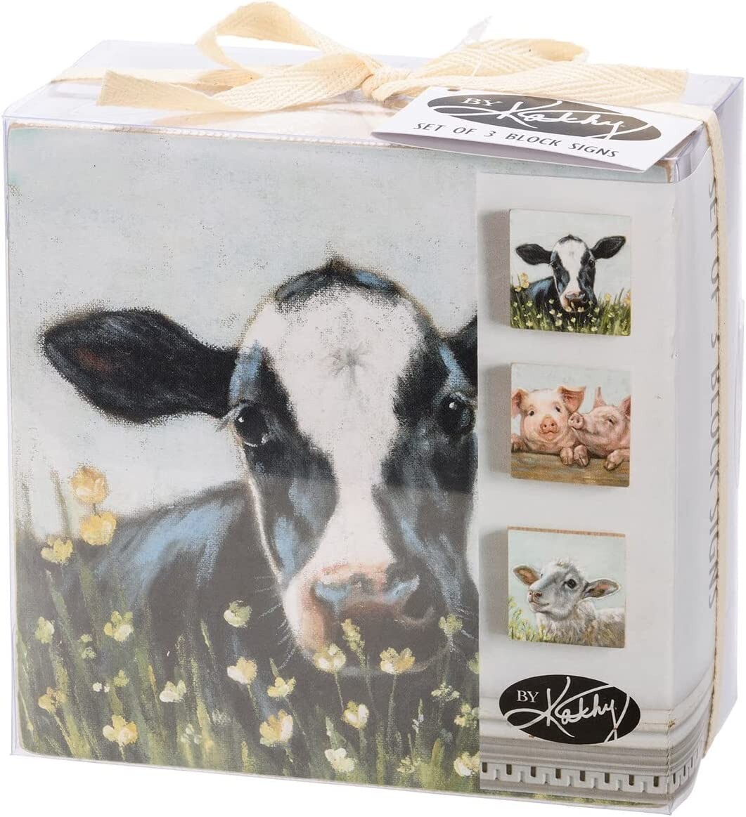 Primitives by Kathy Box Sign Gift Set of 3 Farm Animals 6 in by 6 in each