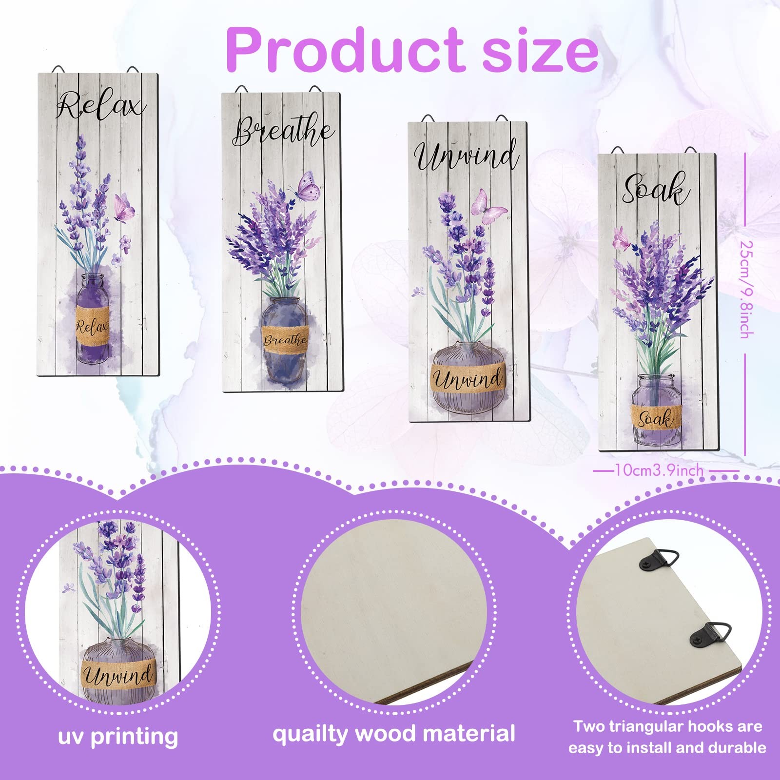 4 Pcs Lavender Bathroom Decor Purple Wall Art 10 x 4 in Purple Bathroom Boho …