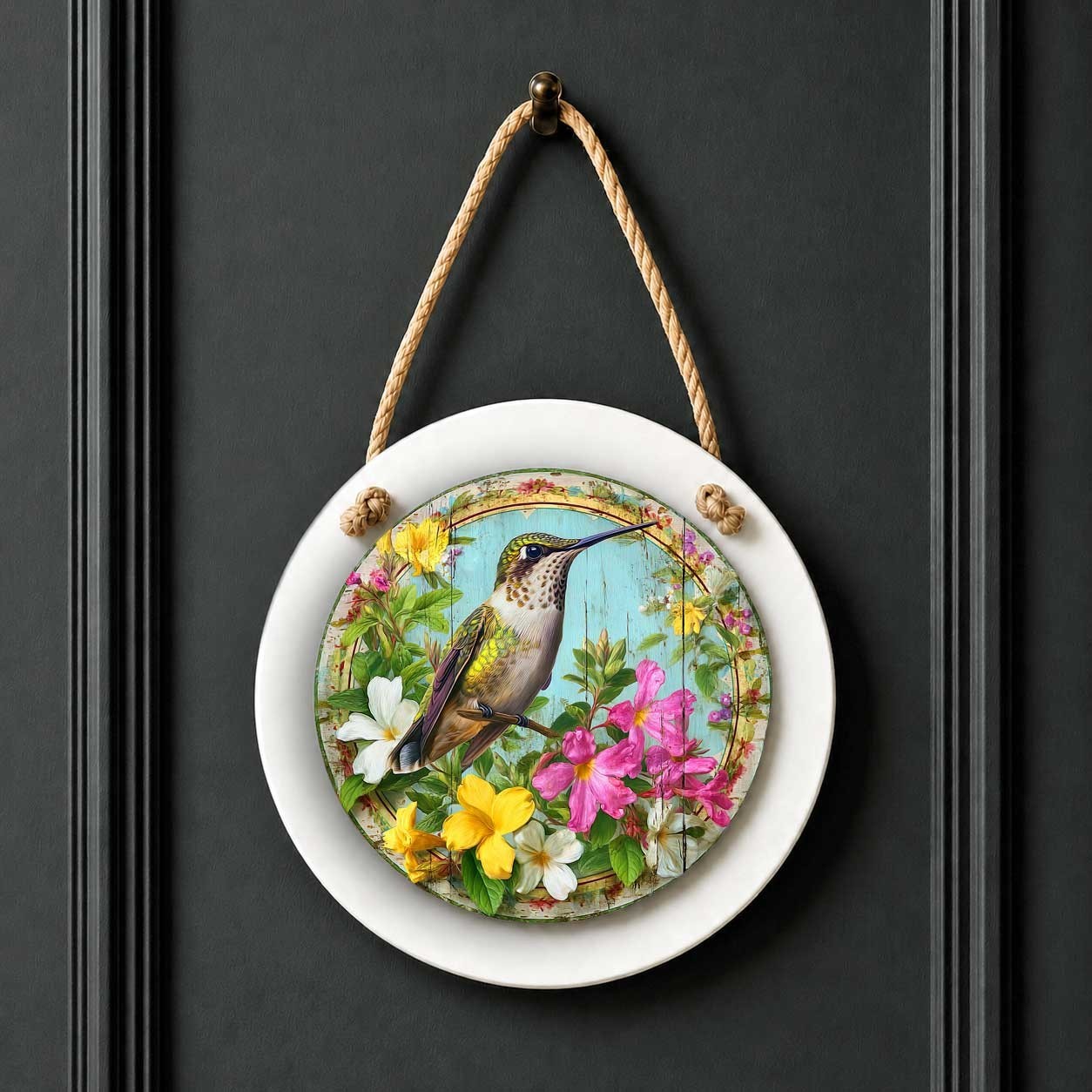 Floral Hummingbird Sign – Small Wall or Window Hanging Wreath Accent Plaque 4.8