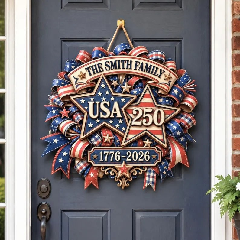 Personalized America 250th Anniversary Wooden Wreath, Patriotic Wood Sign