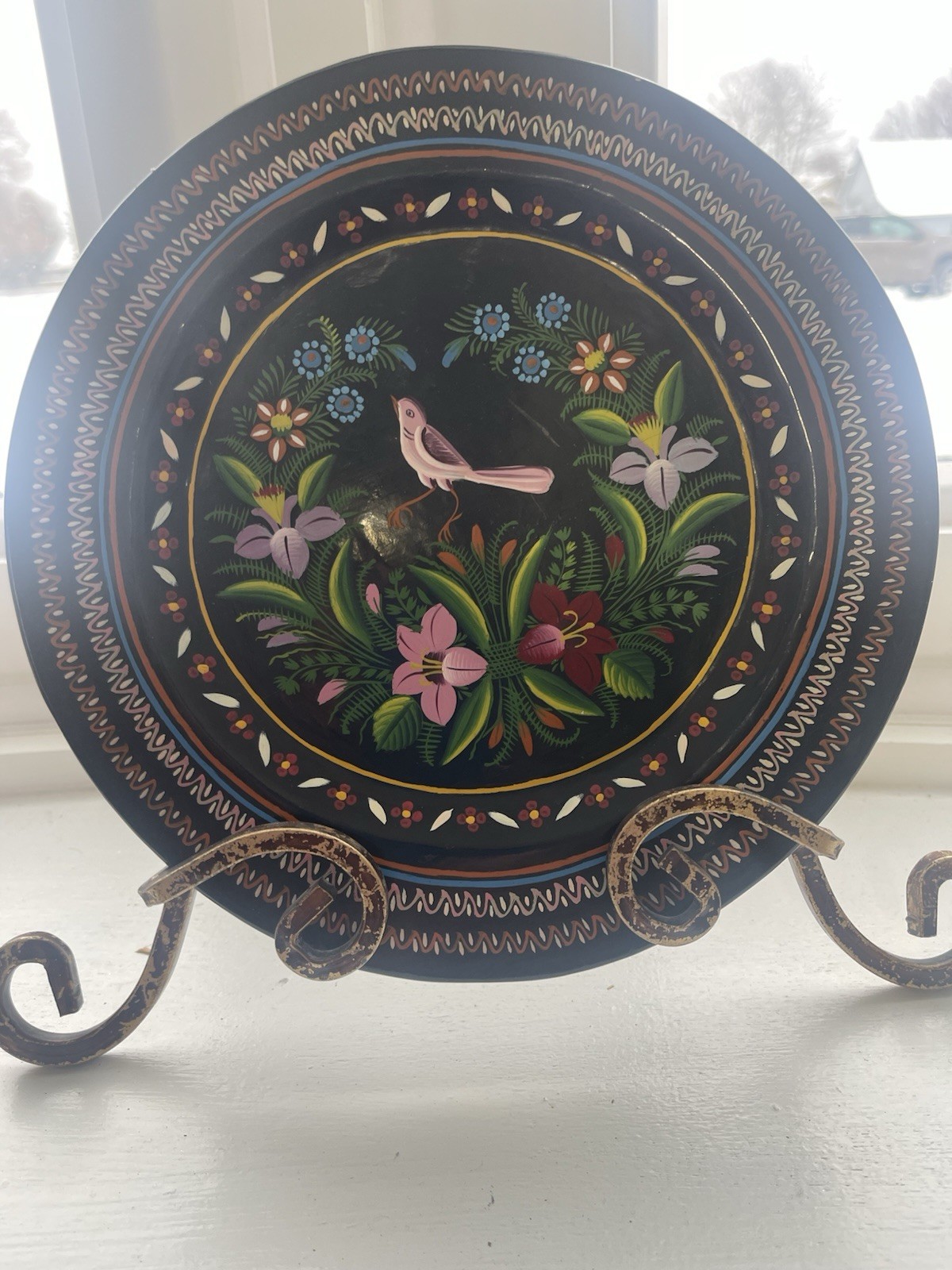 Wooden Hand Painted 9.5 In Diameter Wall Plaque. Possibly German. Vintage. Nice