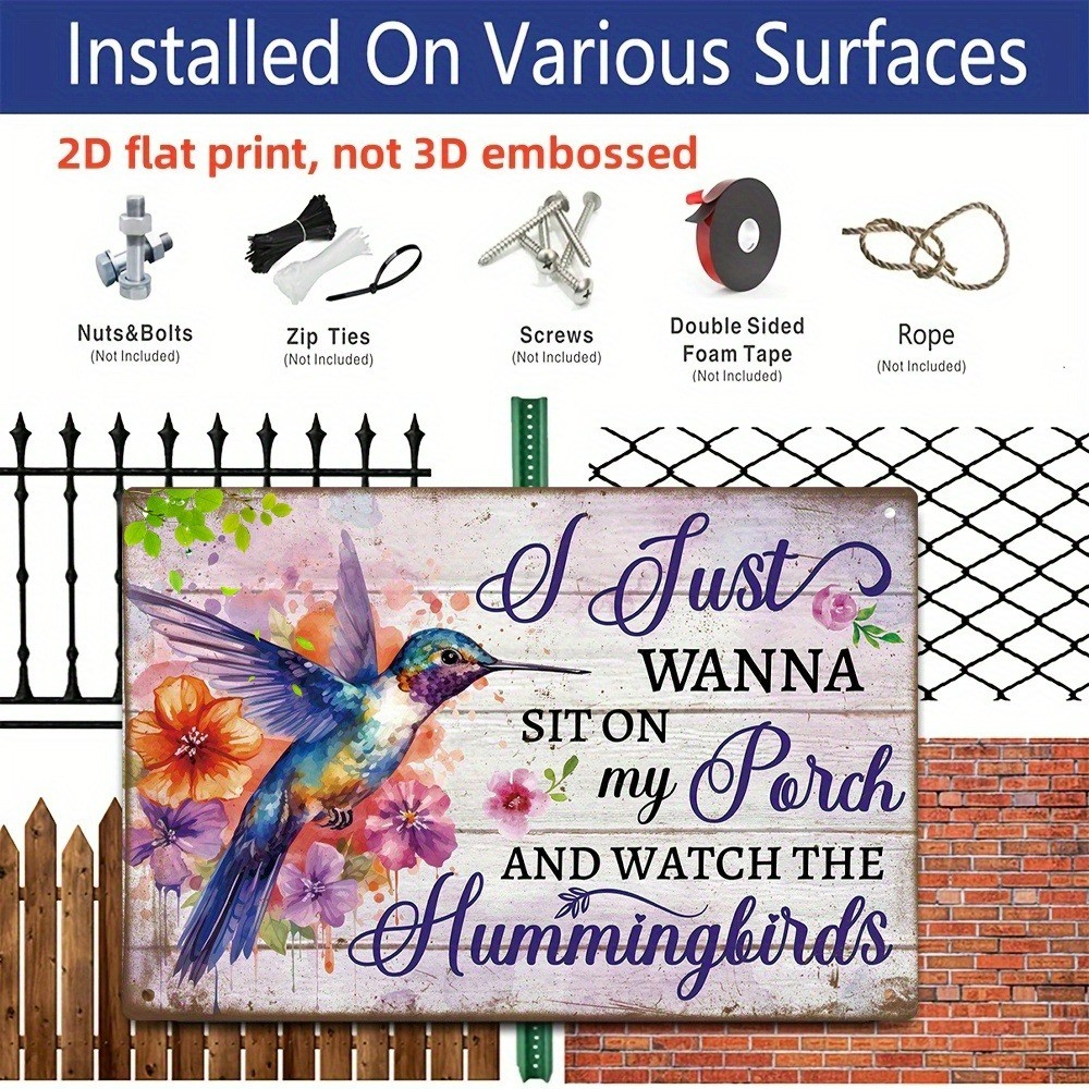 Retro Porch Hummingbird Metal Sign Cozy Outdoor Decor Relaxing & Bird Watching