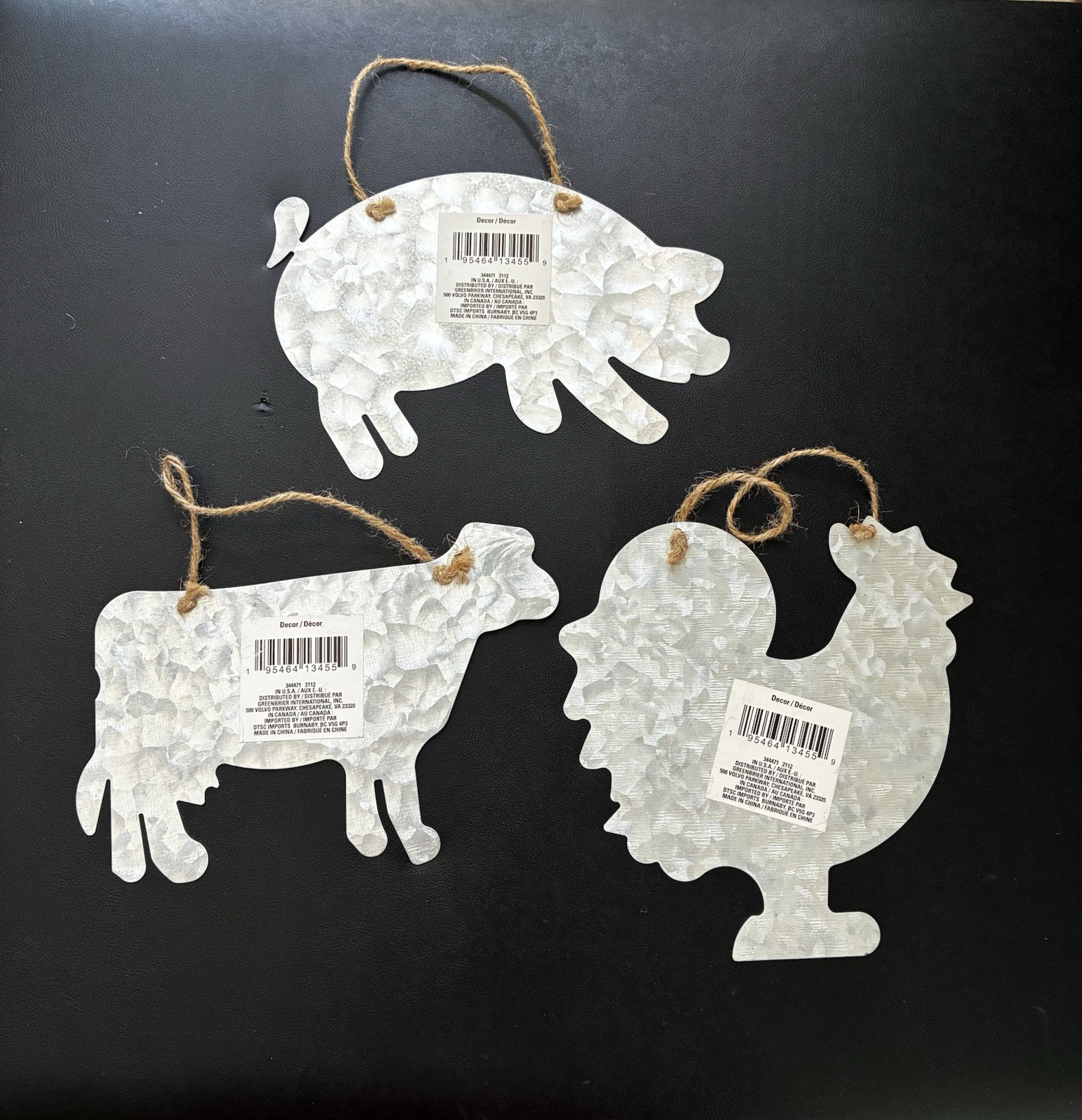 Set of 3 Galvanized Metal Farm Animal Wall Decor