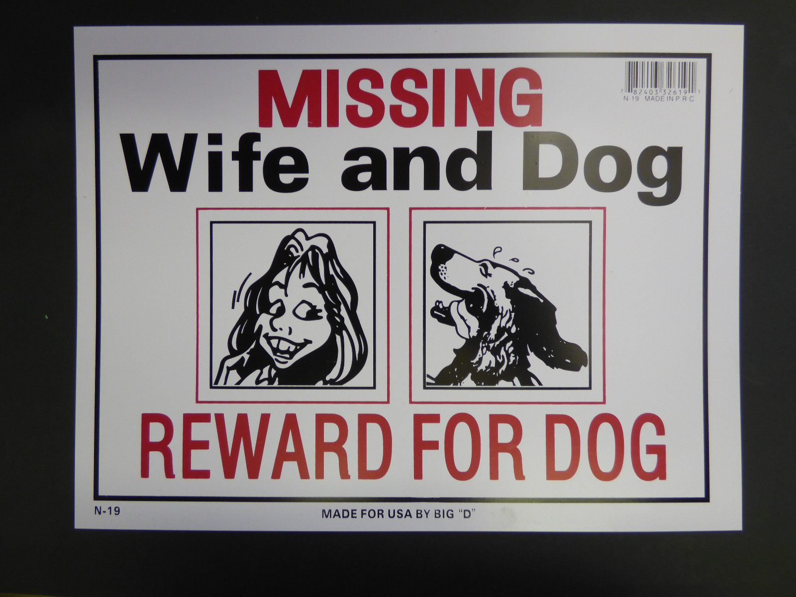 Missing Wife and Dog Reward for Dog Funny Humorous Gift Home Sign NEW 9″x12″ N19