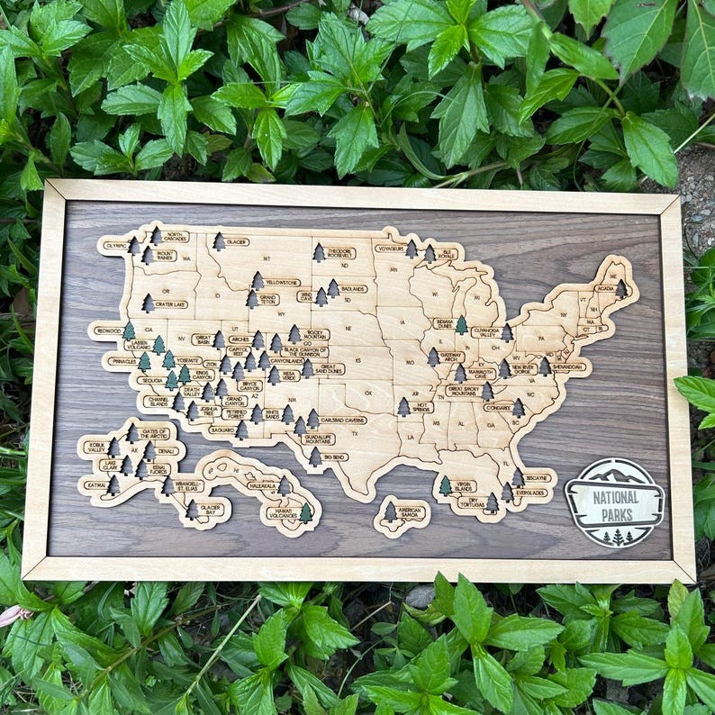 Custom USA National Parks Wooden Travel Map: Family Trip Tracker New