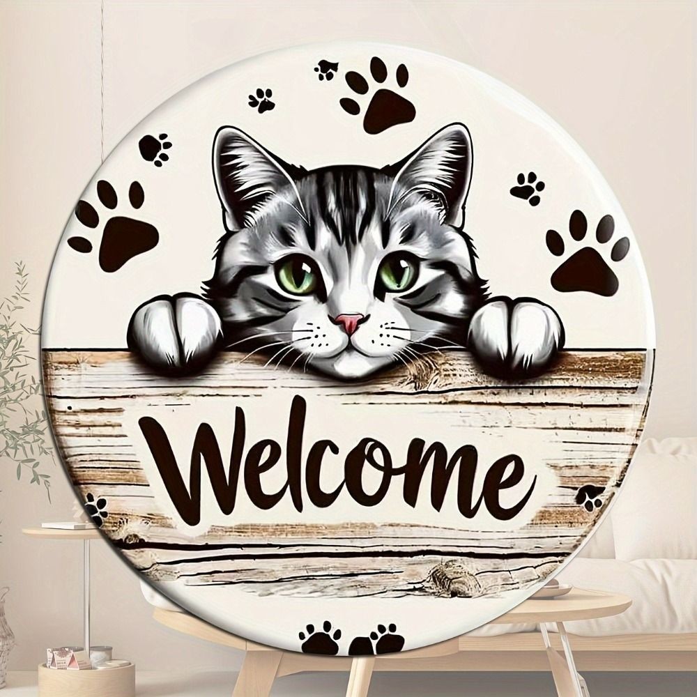 Welcome Cat Paw Print Metal Sign Tabby Cat Wall Decoration For Cat Lovers