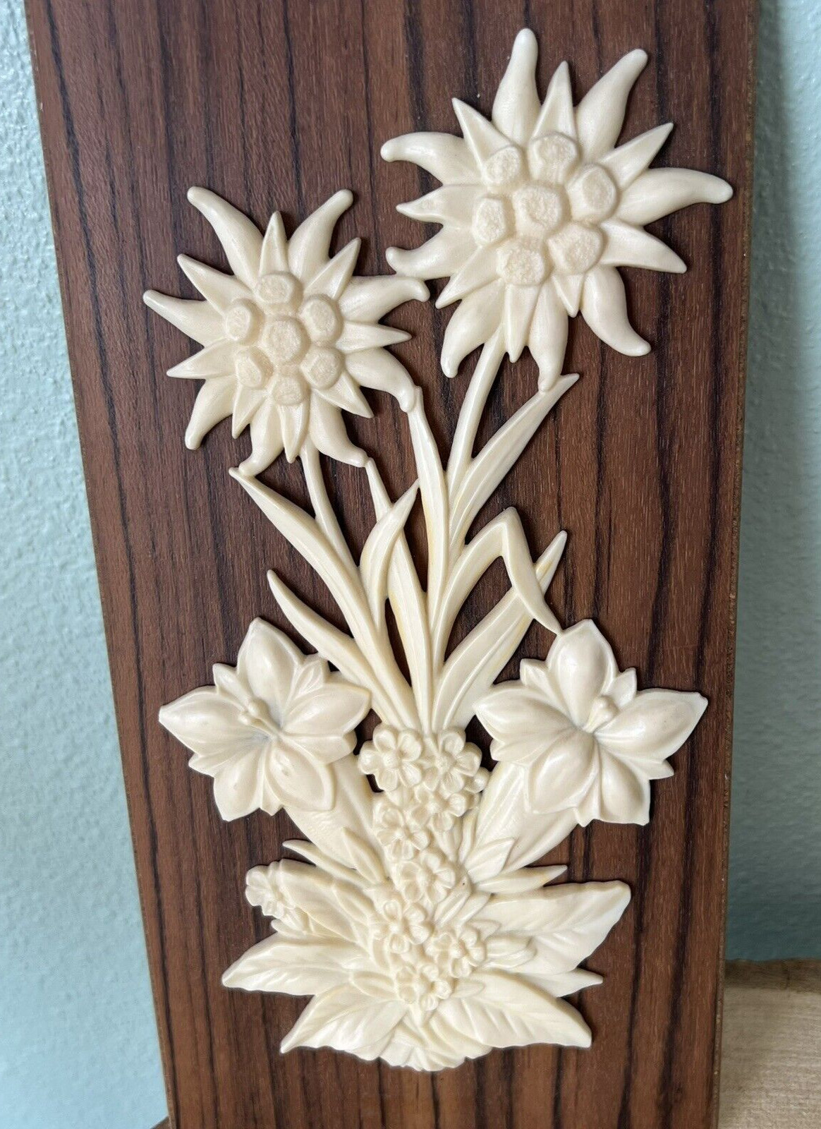 2 MCM Wall Relief Plaques Flowers Plastic Faux Wood Grain West German Vintage