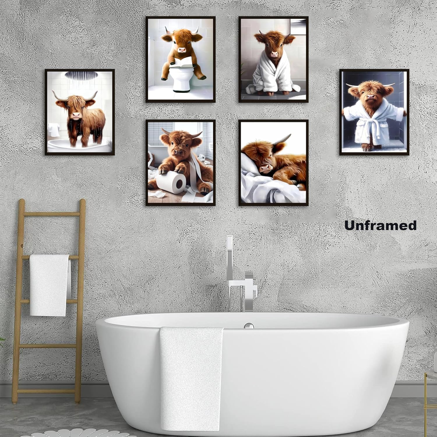 Funny Bathroom Cow Posters Wall Art Set of 9, Vintage Brown Highland Cow Canvas