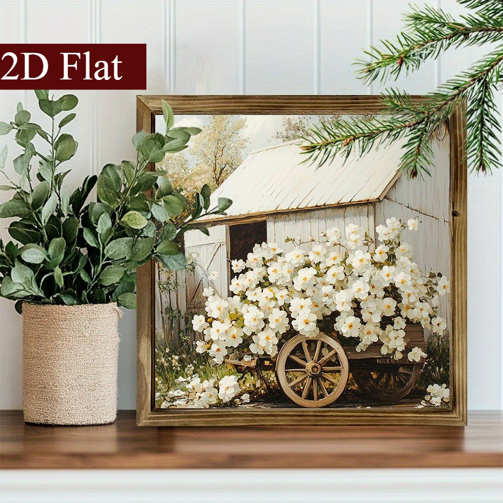 White Floral Barn Wooden Sign Rustic Vintage Farmhouse Decor for Garage Kitchen