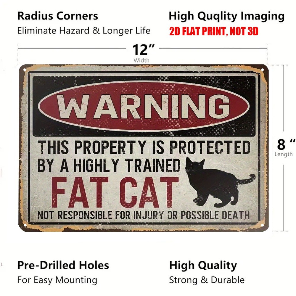 Vintage Fat Cat Metal Sign Warning Fat Cat Protected Property Tin Sign Funny Art
