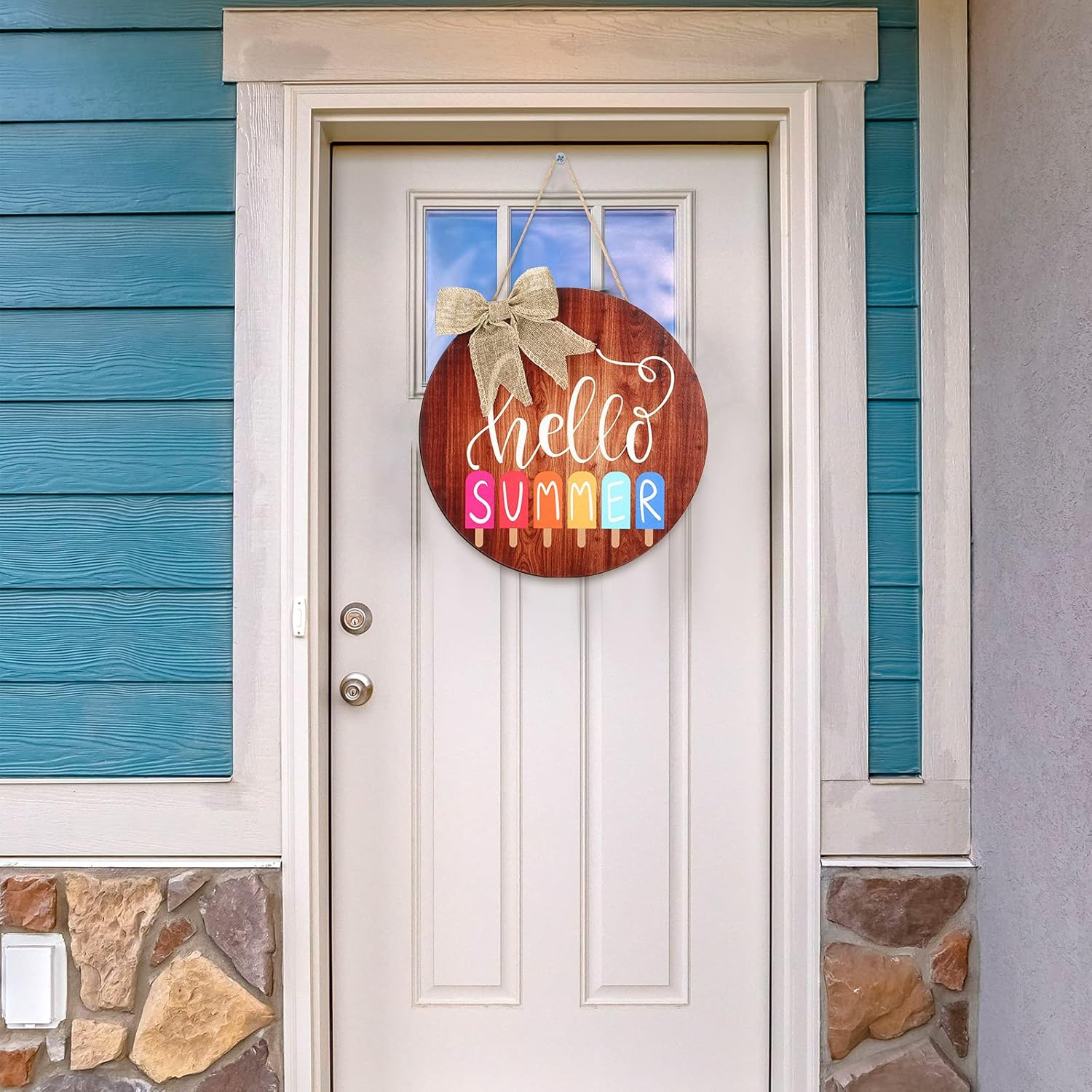 Hello Summer Sign, Cute Ice Cream round Wooden Door Hanger 12″ with Linen Bow, R