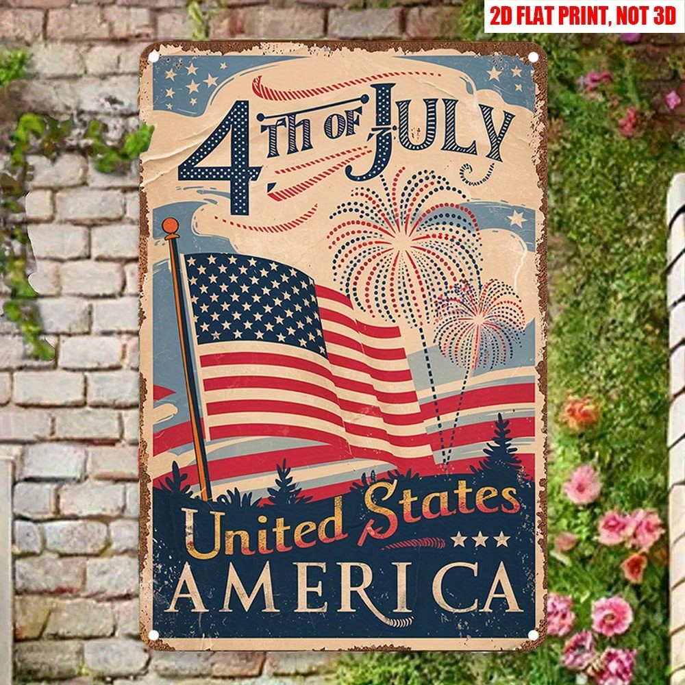 Vintage Tin Sign JULY 04 American Flag Patriotic Metal Sign Man Cave Wall Decor