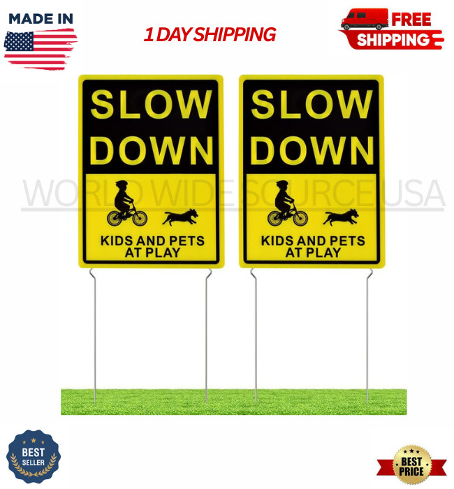 2 Pack Kids & Pets at Play Yard Signs 16×12 Metal Stakes Safety Double Sided