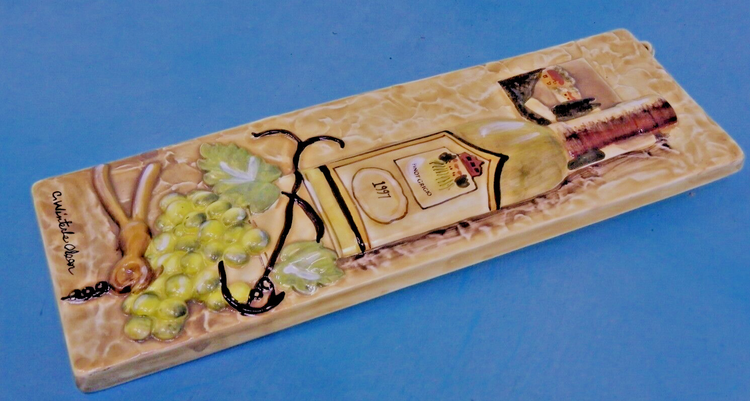 Wall Art 3D Plaque Glossy Ceramic Wine /Grapes Signed C. Winterle Olson 12″ x 4