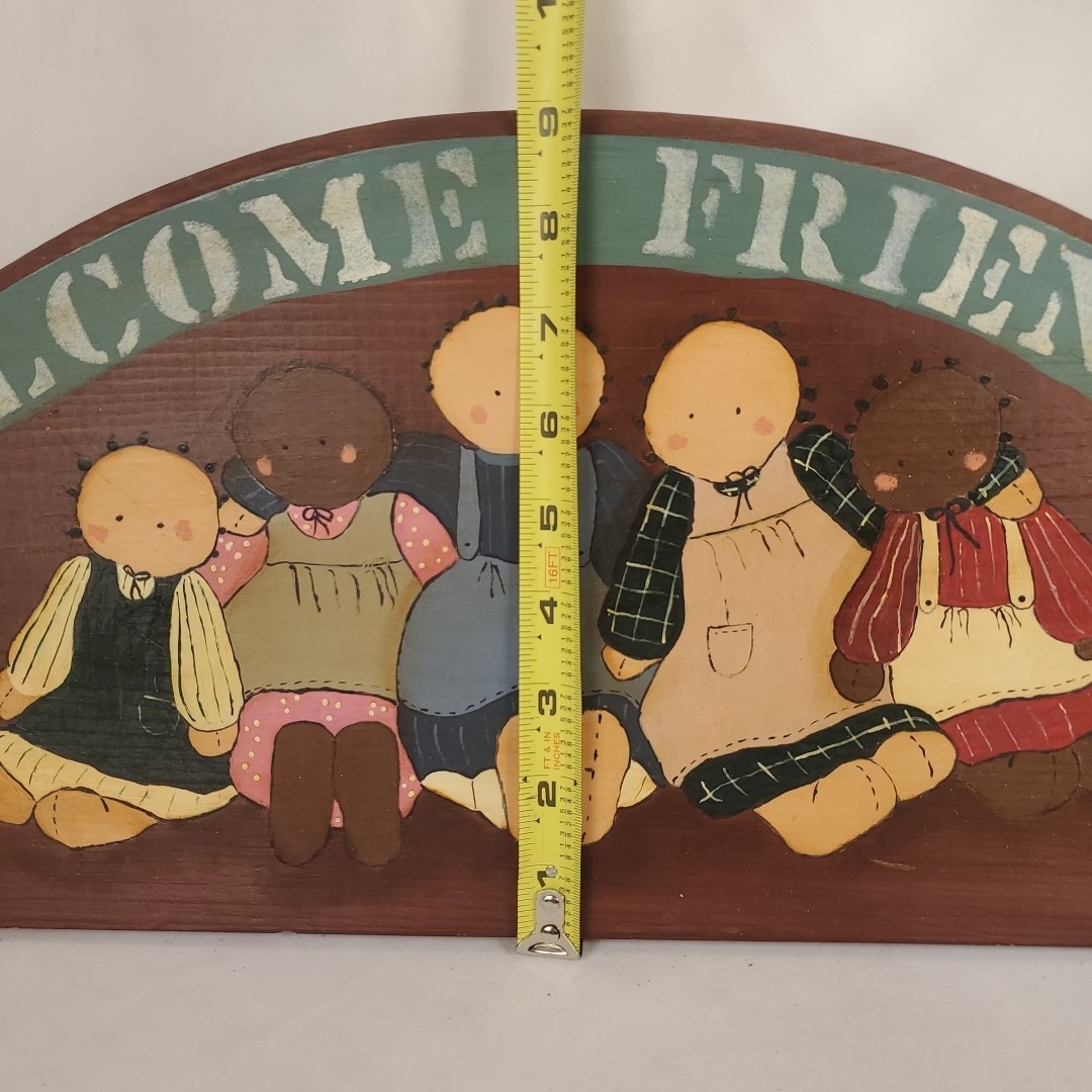 VTG Folk Art Welcome Friends Wooden Half Moon Plaque Sign Rag Dolls Hand Painted