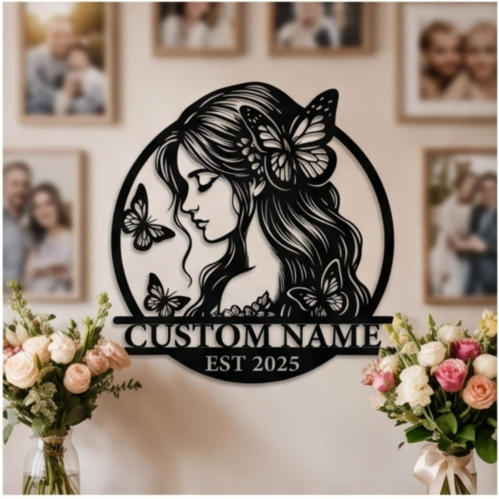 Customized Butterfly Girl Sign, Elegant Female Silhouette Decor