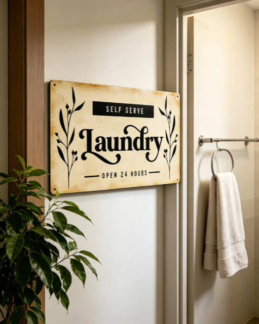 Laundry Room Metal Tin Sign Wall Decor Self Serve Open 24 Hours Wall Plaque