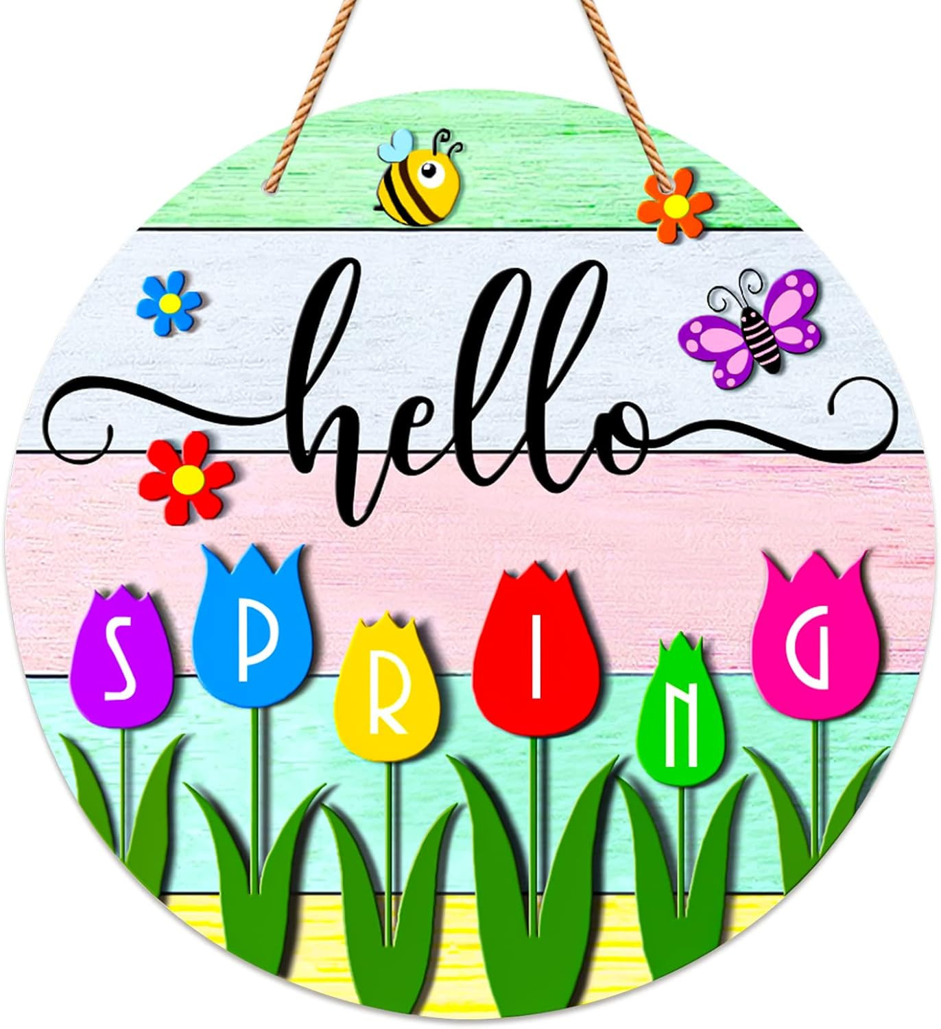 Hello Spring Door Decorations Colorful Tulip Flowers Spring Wreath Sign for Fron
