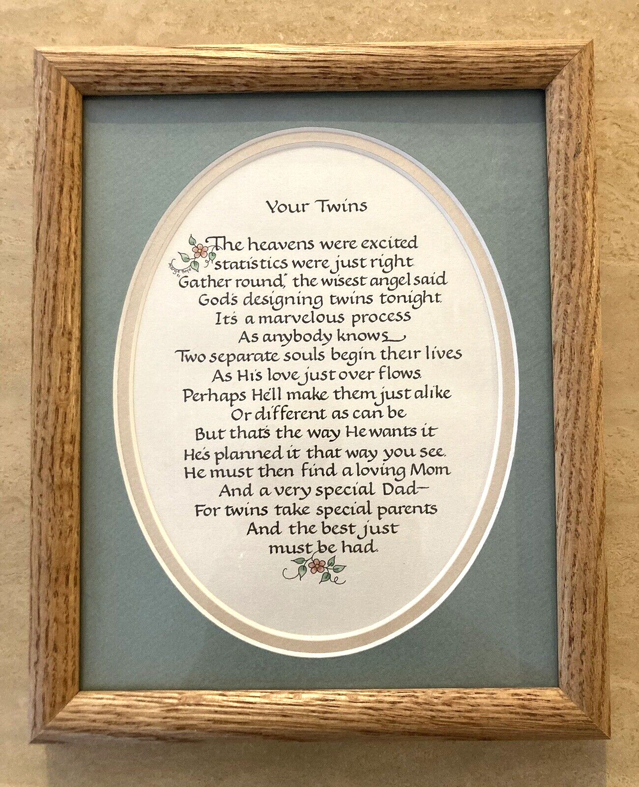 Your Twins Poem Framed Calligraphy Print Signed Marge Boyd Double Matted