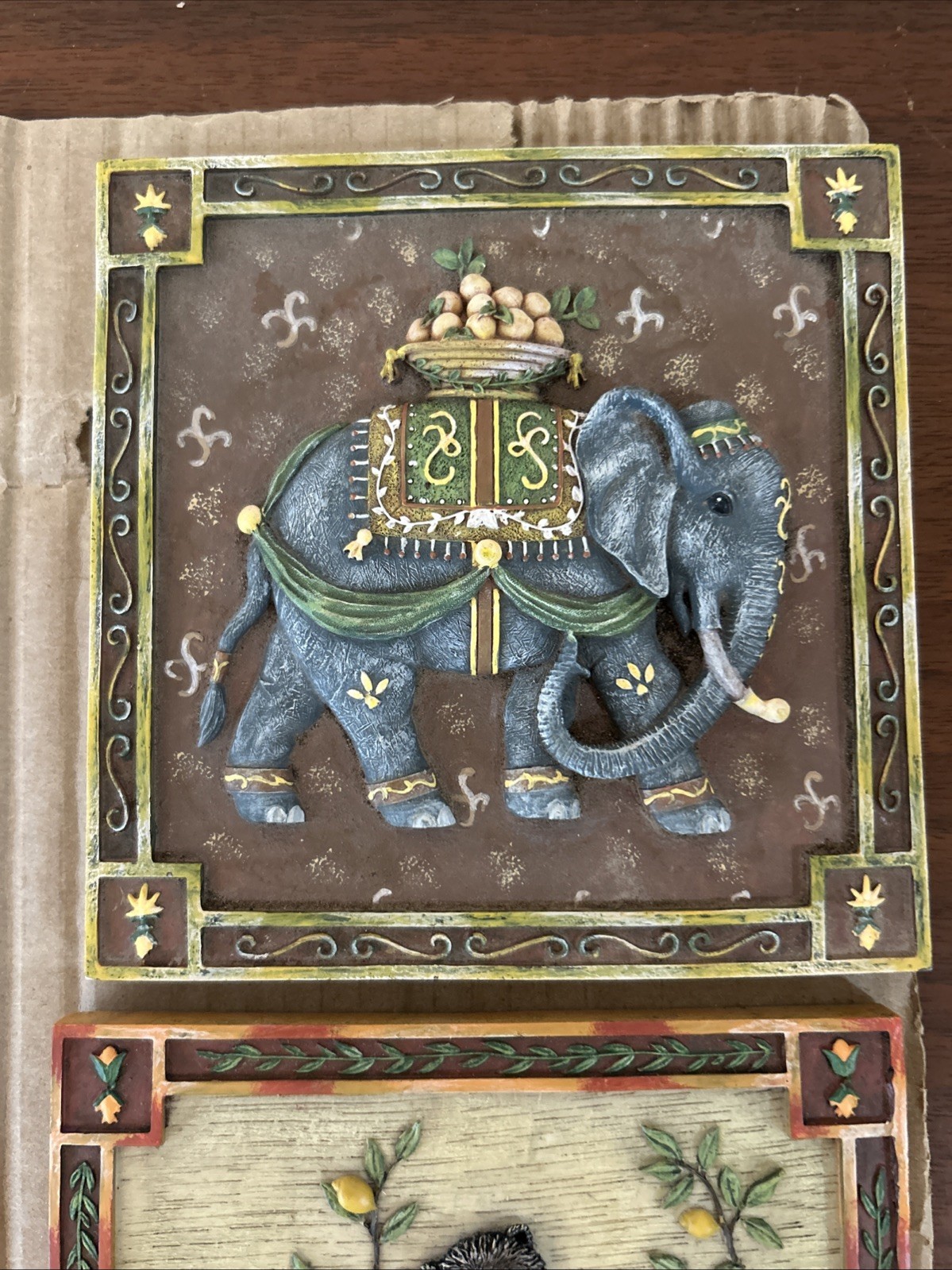 Set of 2 Elephant Monkey Ceramic Tile Trivets Wall Plaques 3D Relief Art