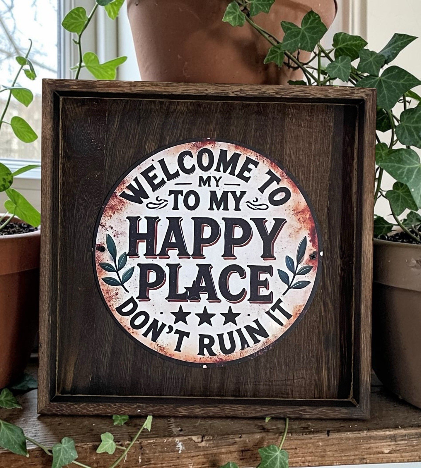 Rustic “Welcome to My Happy Place” Wood Wall Hanging – 11” – Ready to Hang