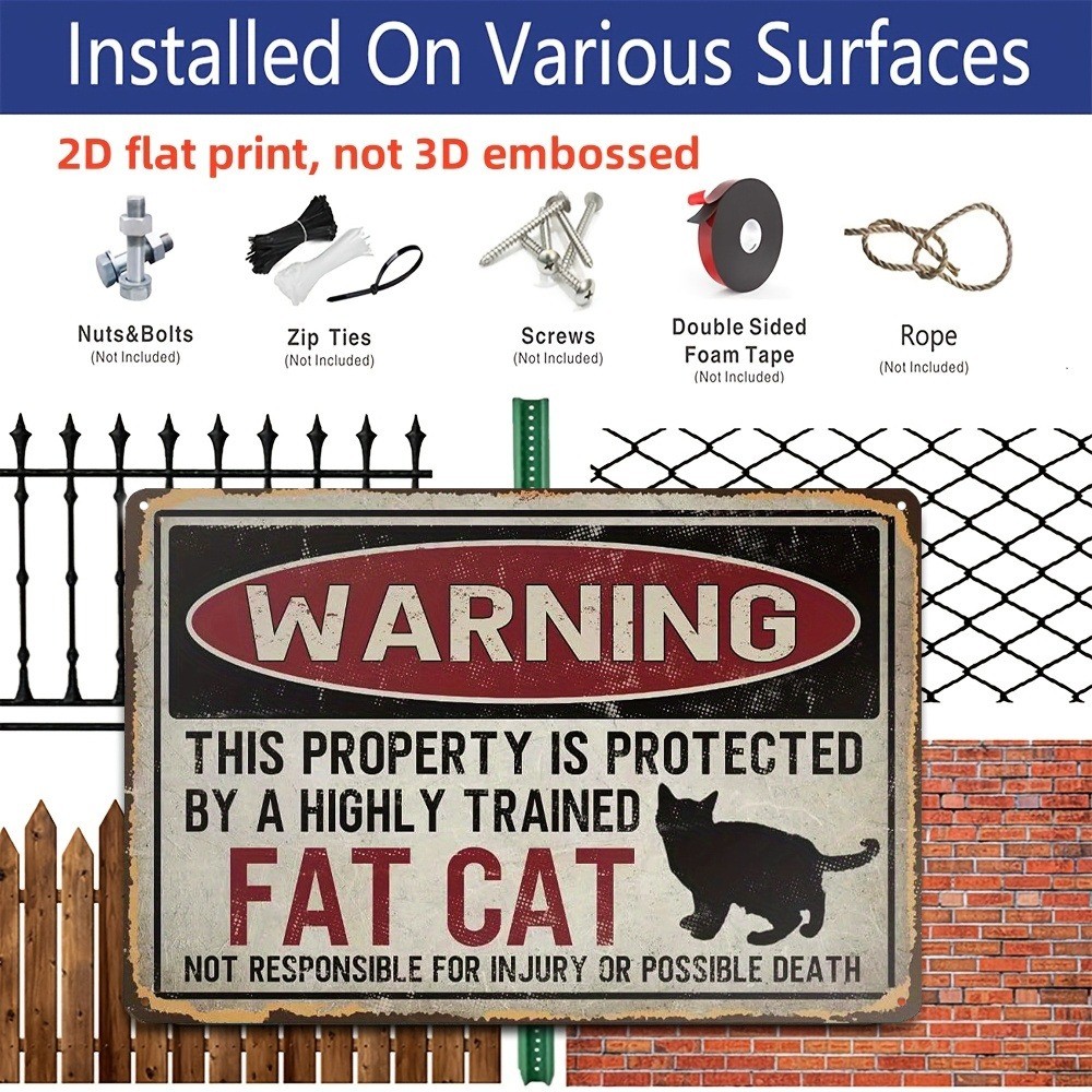 Vintage Fat Cat Metal Sign Warning Fat Cat Protected Property Tin Sign Funny Art