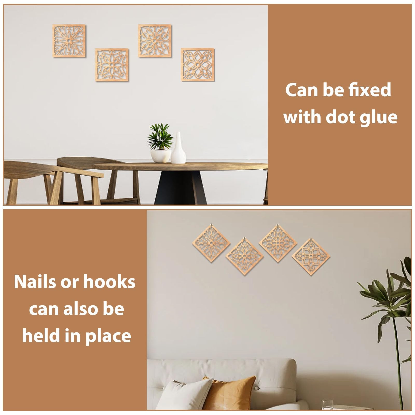 4 Pieces Thicken Rustic Wall Decor,Flower Carved Wall Art,Wooden Hollow Carve…