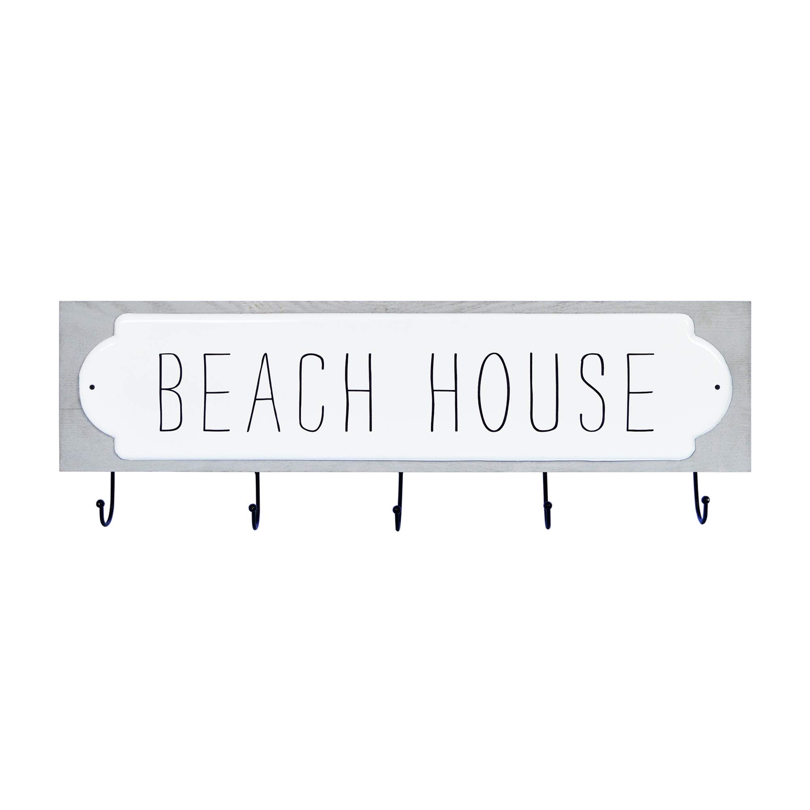 PRINZ Coastal Wall Decor Sign Reads Beach House 5 curved Metal Hooks White Gray