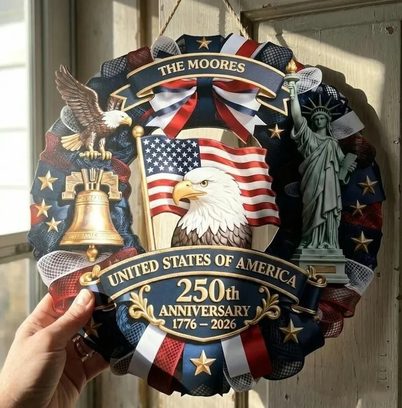 Personalized America 250th Anniversary Wood Wreath, Patriotic Door Decor