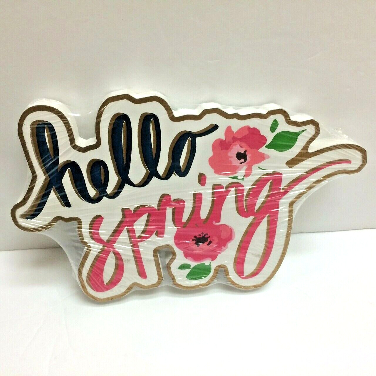 HELLO SPRING Cut out Wood Sign Decor Floral Navy/Pink/Gold/White Farmhouse