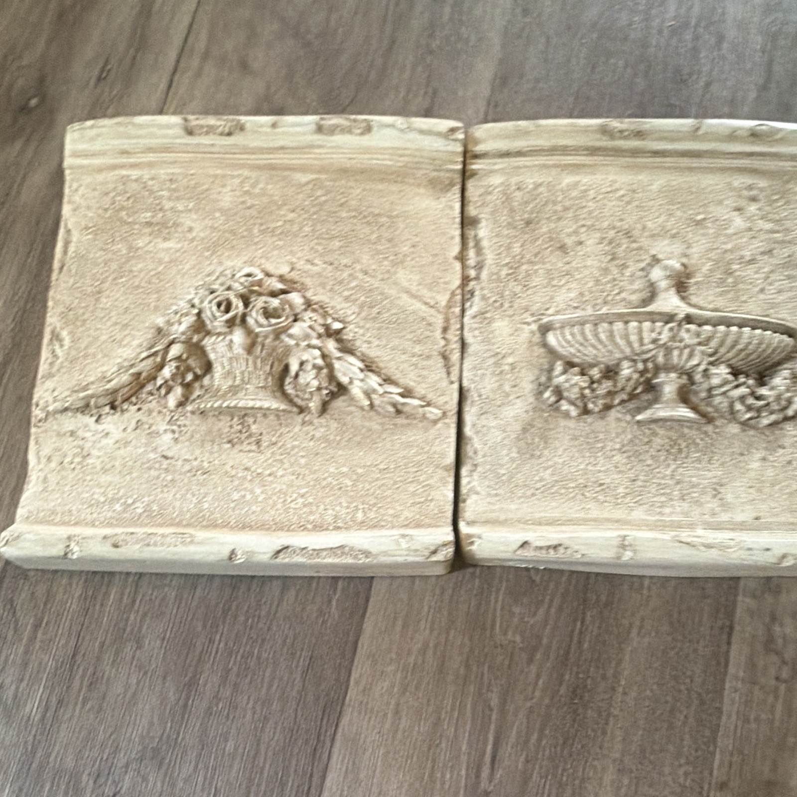 Set of 2 Beige Wood Floral Rectangular Wall Plaques, Horizontal Decorative